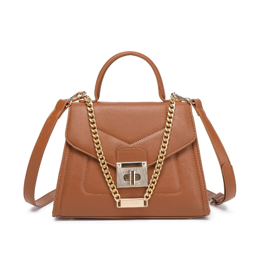 ELEGANT BROWN LOCK CHAIN STRUCTURED HANDBAG