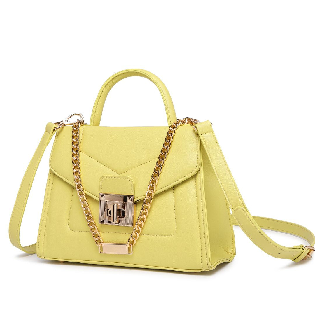 ELEGANT YELLOW LOCK CHAIN STRUCTURED HANDBAG