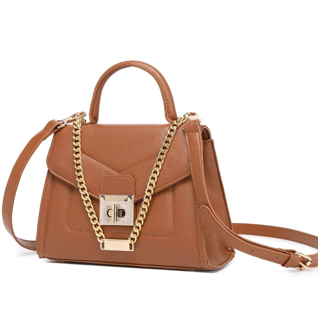 ELEGANT BROWN LOCK CHAIN STRUCTURED HANDBAG