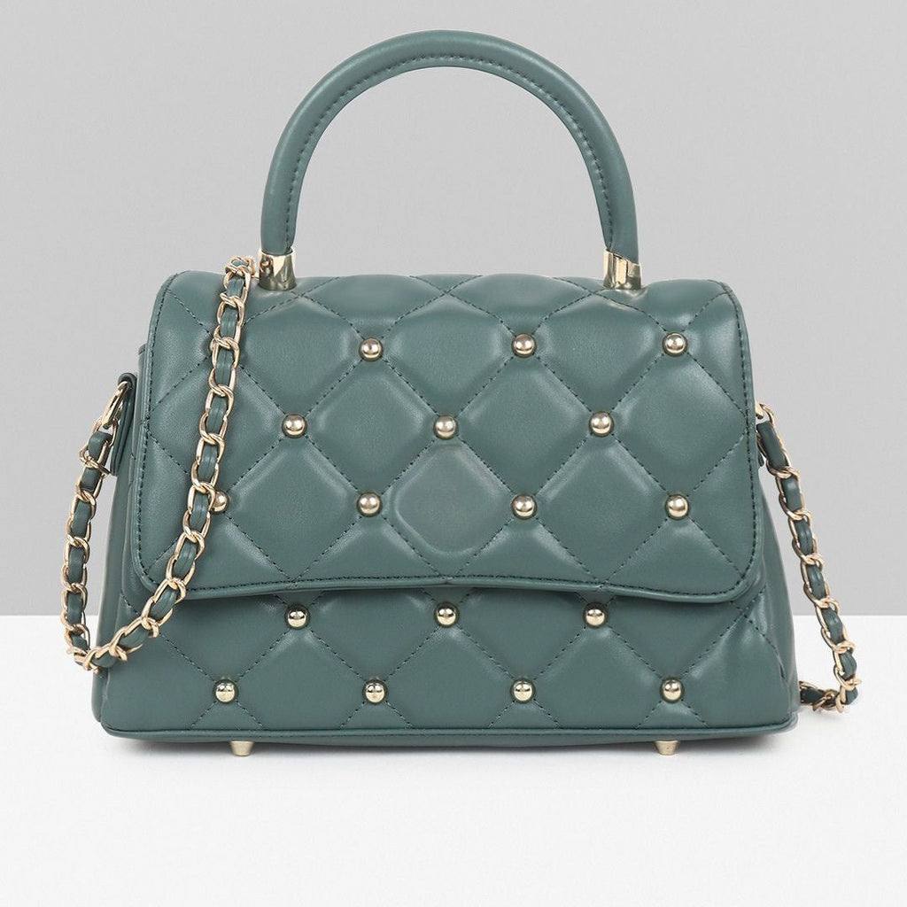 QUILTED STUDDED GREEN LUXE TOP HANDLE HANDBAG