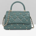 QUILTED STUDDED GREEN LUXE TOP HANDLE HANDBAG