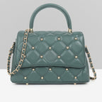 QUILTED STUDDED GREEN LUXE TOP HANDLE HANDBAG