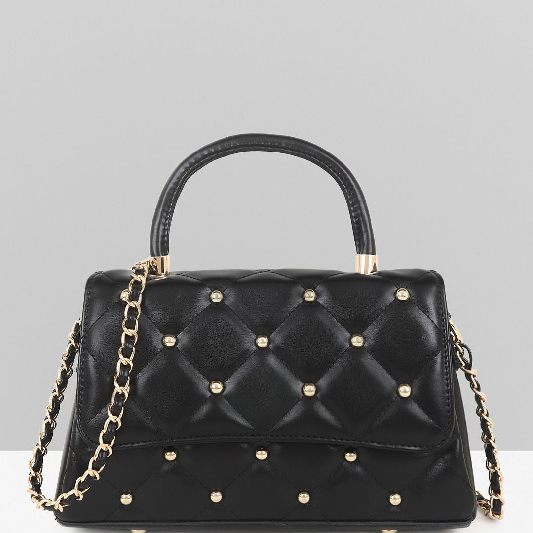 QUILTED STUDDED BLACK LUXE TOP HANDLE HANDBAG