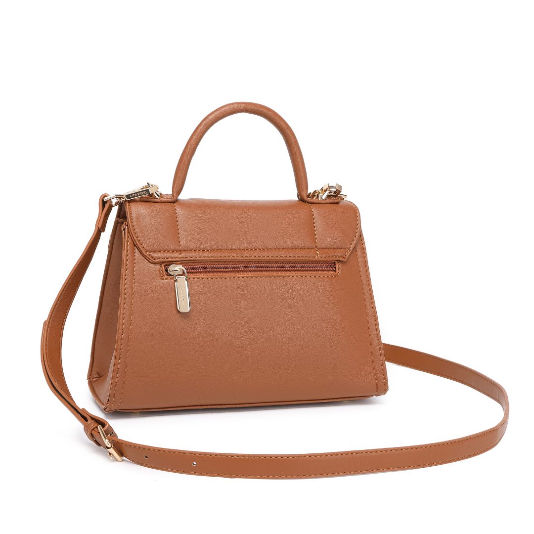 ELEGANT BROWN LOCK CHAIN STRUCTURED HANDBAG