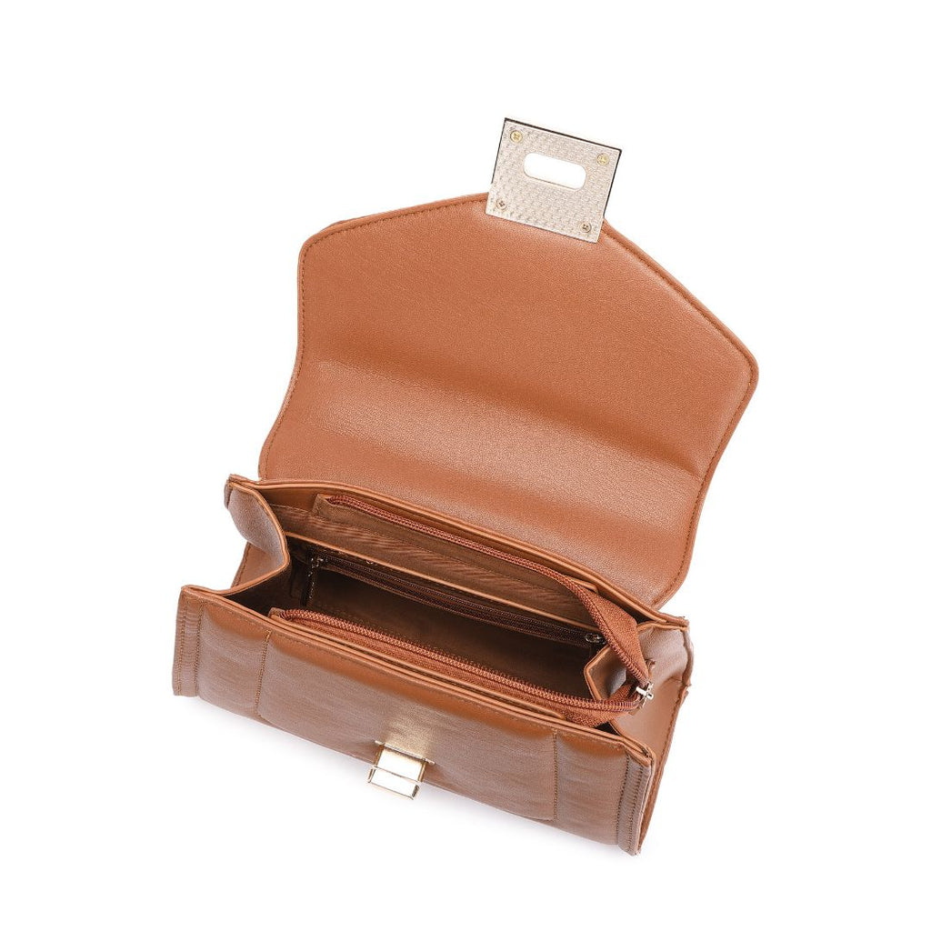 ELEGANT BROWN LOCK CHAIN STRUCTURED HANDBAG